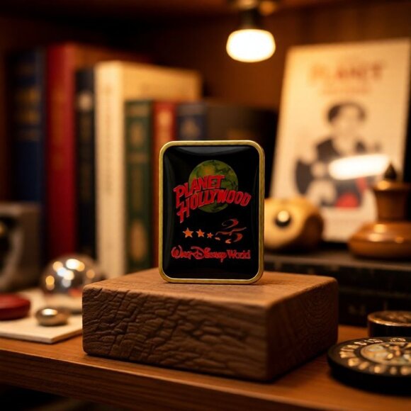 Vintage 1991 Planet Hollywood Pin Collectible Gold & Black Rectangular Lapel Bad - Picture 2 of 5